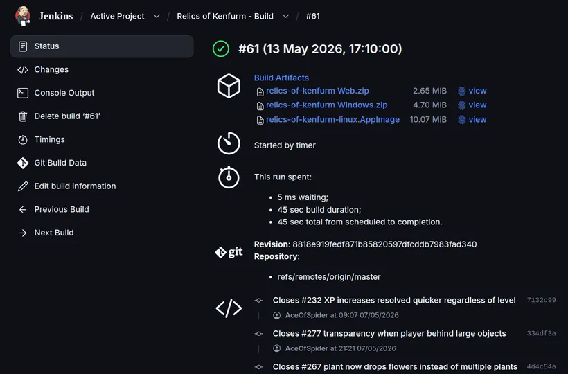 A screenshot of the build tool Jenkins, #61 13 May 2026 2026. Build artefacts listed for Web Windows and Linux. This run took 45 seconds. Git branch is master. Lists changes in this build from the previous.