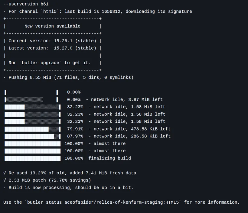 A screenshot of a command line tool Igor detecting and uploading changes to a project to Itch.io